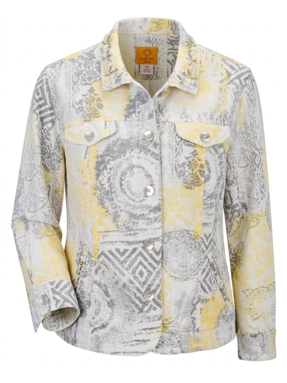 Ruby Rd. Yellow & Gray Patterned Button-Front Jean Jacket - Picture 2 of 5